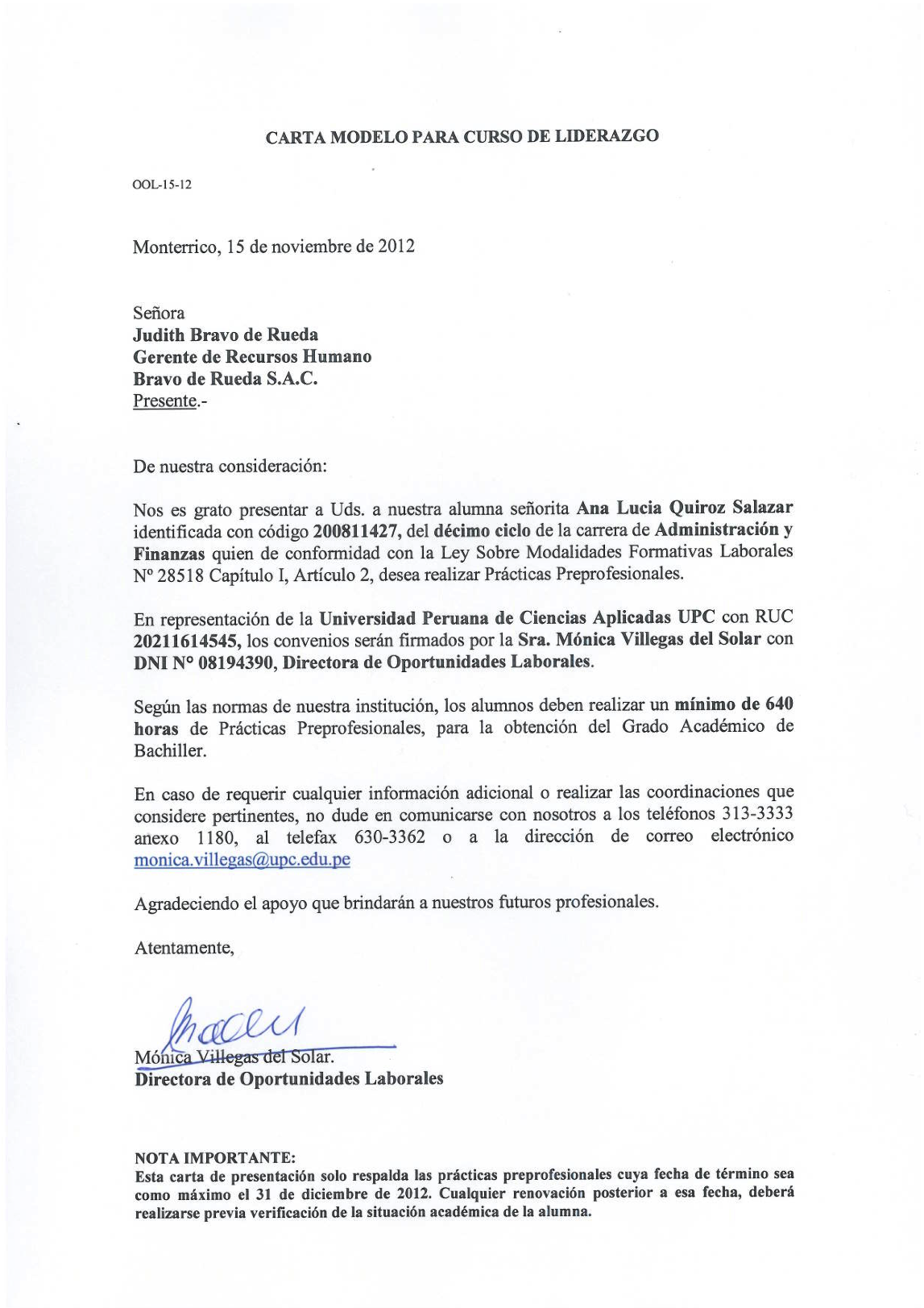 Carta de Presentación de la UPC  Ana Lucía Quiroz